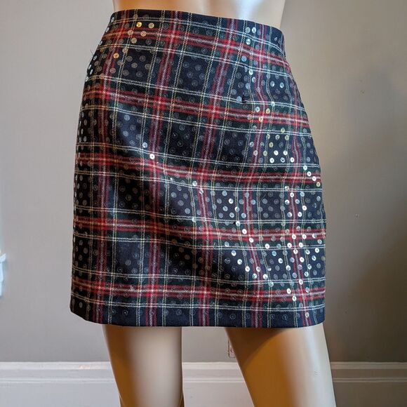 Vintage Y2K Express Sequin Plaid Mini Skirt Wool Dark Academia Clueless Size 7/8 - Picture 2 of 10